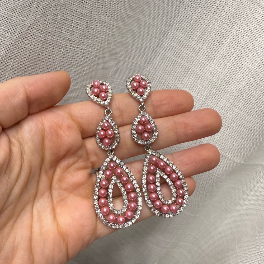 Crystal and Pink Pearl Drop Earrings • Pageant Jewelry